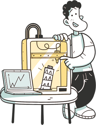 icona personaggio e stampante 3d con pc